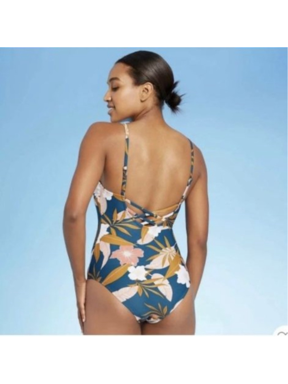 Women's Kona Sol One Piece Swimsuit M Blue Brown Floral Resort Wear Beach Vibes